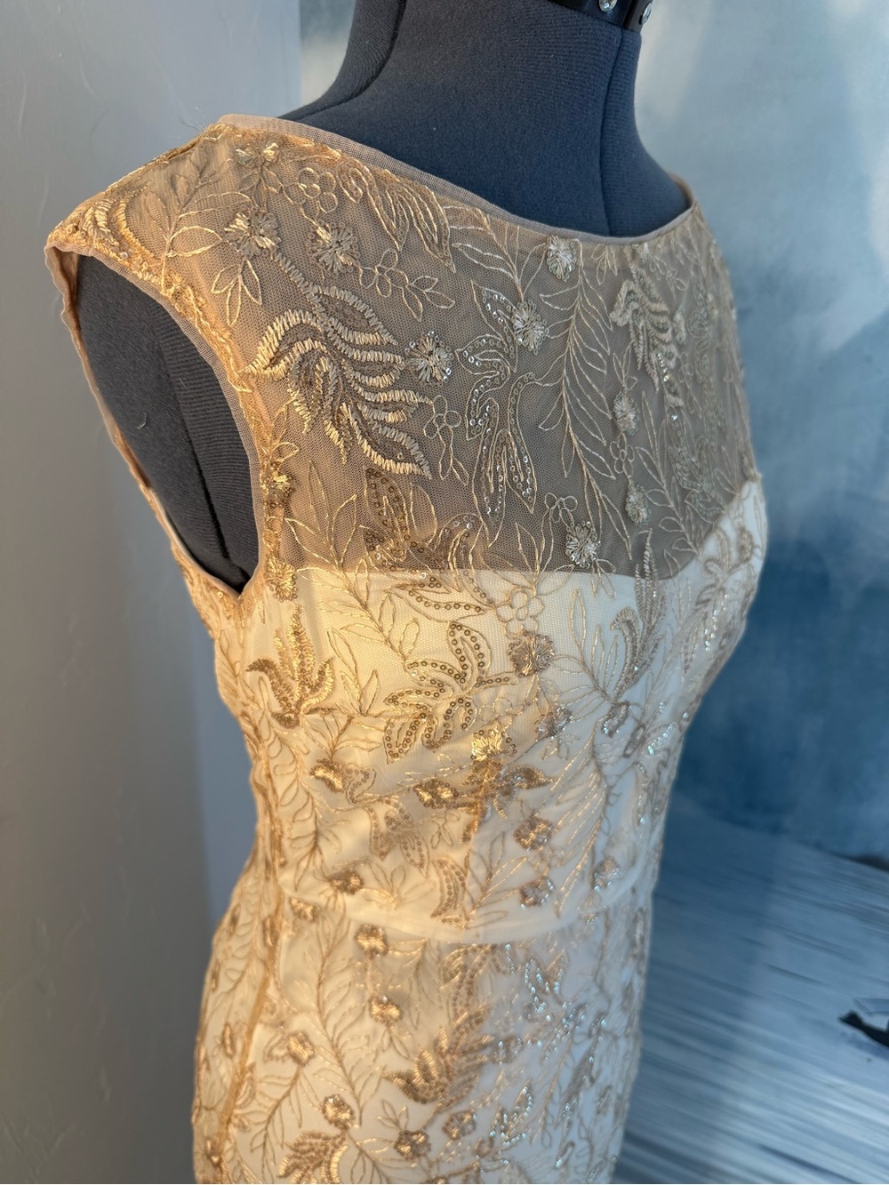 Champagne Sleeveless Sheath Dress with Gold Embroidered Overlay #385 - Picture 2 of 13